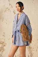 XITA • Azure Bode Embroidered Linen Striped Shorts