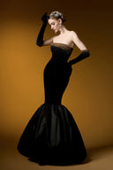 Black Lyon Velvet Strapless Bustier Ruffled Hem Ballgown for women, from IHF ATELIER, The Viet Concept 