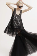 SORAMAME • Gunmetal Silver Parallax Floral Sequin Ruffle Tunic Top