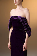 IHF ATELIER • Azure Grace Strapless Pleated Sleeve Column Gown In Blue Grain Velvet