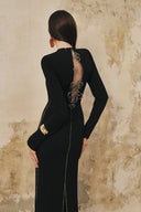 L' SCARLETT • Black Crystal Floral Open-Back Crepe Maxi Dress