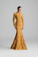 Yellow Guipure Lace Mermaid Gown With Long Sleeves for women, from IHF ATELIER, The Viet Concept 