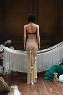 HUELLEY ROSE • Moon Crystal-Tassel Stretch Mesh Maxi Dress