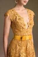 Luxury Yellow Guipure Lace V-Neck Long Sleeve A-Line Gown for women, from IHF ATELIER, The Viet Concept 