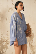 XITA • Azure Bode Embroidered Linen Striped Shorts