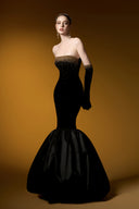 Black Lyon Velvet Strapless Bustier Ruffled Hem Ballgown for women, from IHF ATELIER, The Viet Concept 