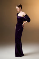 IHF ATELIER • Azure Grace Strapless Pleated Sleeve Column Gown In Blue Grain Velvet