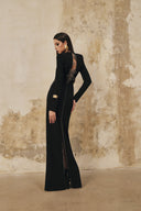 L' SCARLETT • Black Crystal Floral Open-Back Crepe Maxi Dress