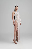 Xoxila Asymmetric Flower Applique Silk Satin Floor Length Dress for women, from Ha Thanh Viet, The Viet Concept 