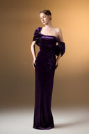 IHF ATELIER • Azure Grace Strapless Pleated Sleeve Column Gown In Blue Grain Velvet