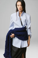 White-Blue Pinstripe Aegean Cotton Pinstripe Gathered-Cuff Shirt for women, from LECIA, The Viet Concept 