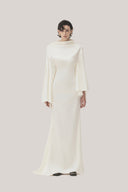 White Van Chau Straight Slit Sleeved Satin Maxi Dress for women, from TINH, The Viet Concept 