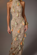 Tassel Embroidered Halter Mesh Maxi Dress for women, from KEIRA TONG, The Viet Concept 
