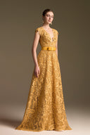 Luxury Yellow Guipure Lace V-Neck Long Sleeve A-Line Gown for women, from IHF ATELIER, The Viet Concept 