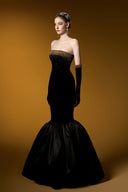 Black Lyon Velvet Strapless Bustier Ruffled Hem Ballgown for women, from IHF ATELIER, The Viet Concept 
