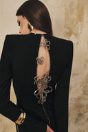 L' SCARLETT • Black Crystal Floral Open-Back Crepe Maxi Dress