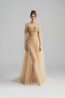 Aliora Crystal Embellished Gold Glitter Mesh Cape for women, from CALISTA, The Viet Concept