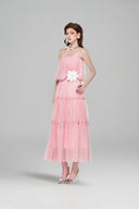 LUCILLA • Somi Floral Appliqué Pleated Chiffon Midi Dress