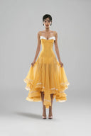 HUELLEY ROSE • Liane Golden Yellow Silk Organza Bow-Bodice A-Line Maxi Dress
