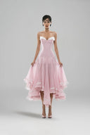 HUELLEY ROSE • Liane Blush Pink Silk Organza Bow-Bodice A-Line Maxi Dress