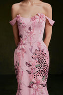 VONTIER DE MONTIER • Panthère Hand-Beaded Silk Gown With 3D Florals and Chiffon Fishtail Train