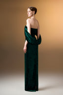 IHF ATELIER • Azure Grace Strapless Pleated Sleeve Column Gown In Blue Grain Velvet