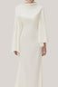 White Van Chau Straight Slit Sleeved Satin Maxi Dress for women, from TINH, The Viet Concept 