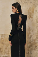 L' SCARLETT • Black Crystal Floral Open-Back Crepe Maxi Dress
