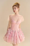 LINH PHUNG • Blush Crystal Sweetheart A-Line Mini Dress with Tulle Cape