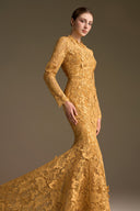Yellow Guipure Lace Mermaid Gown With Long Sleeves for women, from IHF ATELIER, The Viet Concept 