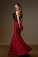 IHF ATELIER • Brown & Red Taffeta Crystal-Embellished Mermaid Gown