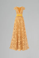 Luxury Yellow Guipure Lace V-Neck Long Sleeve A-Line Gown for women, from IHF ATELIER, The Viet Concept 