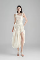 Custard Asymmetrical Midi Wrap Dresswith 3D Floral Straps for women, from Must Have, The Viet Concept 