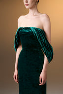 IHF ATELIER • Azure Grace Strapless Pleated Sleeve Column Gown In Blue Grain Velvet
