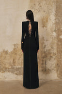 L' SCARLETT • Black Crystal Floral Open-Back Crepe Maxi Dress