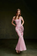 VONTIER DE MONTIER • Panthère Hand-Beaded Silk Gown With 3D Florals and Chiffon Fishtail Train