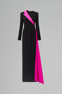 Black Column Evening Gown With Pink Silk Sash & Long Sleeves for women, from IHF ATELIER, The Viet Concept