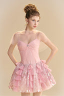 LINH PHUNG • Blush Crystal Sweetheart A-Line Mini Dress with Tulle Cape
