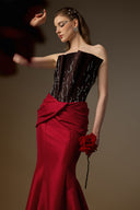 IHF ATELIER • Brown & Red Taffeta Crystal-Embellished Mermaid Gown
