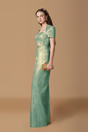 Metallic Silk Trapeze Neck Column Evening Gown for women, from IHF ATELIER, The Viet Concept