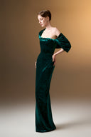 IHF ATELIER • Azure Grace Strapless Pleated Sleeve Column Gown In Blue Grain Velvet
