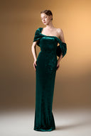 IHF ATELIER • Azure Grace Strapless Pleated Sleeve Column Gown In Blue Grain Velvet