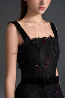 IHF STUDIO • Noir Floral Garden Lace A-Line Dress with Velvet Waist Belt
