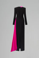 Black Column Evening Gown With Pink Silk Sash & Long Sleeves for women, from IHF ATELIER, The Viet Concept