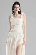 Custard Asymmetrical Midi Wrap Dresswith 3D Floral Straps for women, from Must Have, The Viet Concept 