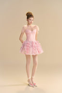 LINH PHUNG • Blush Crystal Sweetheart A-Line Mini Dress with Tulle Cape