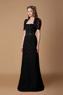 Black Guipure Lace Trapeze Neck A-Line Evening Gown for women, from IHF ATELIER, The Viet Concept