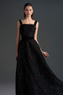 IHF STUDIO • Noir Floral Garden Lace A-Line Dress with Velvet Waist Belt