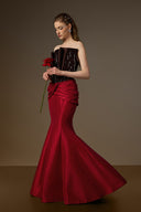 IHF ATELIER • Brown & Red Taffeta Crystal-Embellished Mermaid Gown