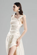 Custard Asymmetrical Midi Wrap Dresswith 3D Floral Straps for women, from Must Have, The Viet Concept 